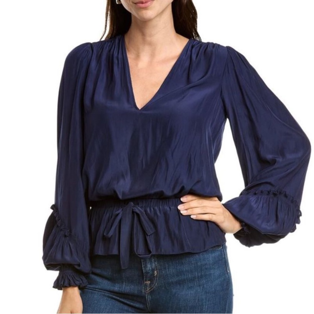Ramy Brook Navy Jordy Satin Silky Cinched Waist Blouse Top Long Sleeve Large